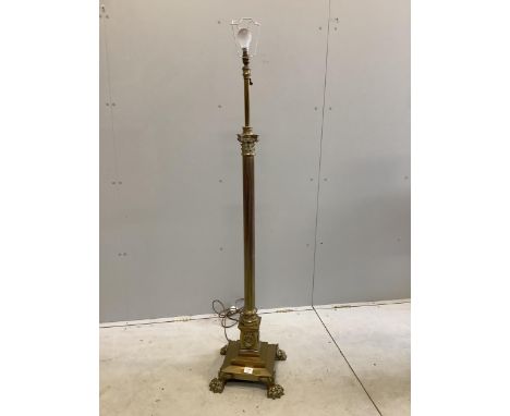 An Edwardian Corinthian column brass lamp standard, height including shade 182cm. Condition - fair to good