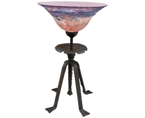 A French wrought iron table lamp accompanied with pink &amp; blue Pate-de-Verre shade, circa 1950's, wired, 50cm high, shade 