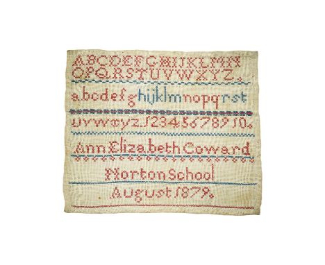 A Victorian unframed sampler worked by Ann Elizabeth Coward, Norton School, August 1879, 17 x 20cm. Condition - fair to good,