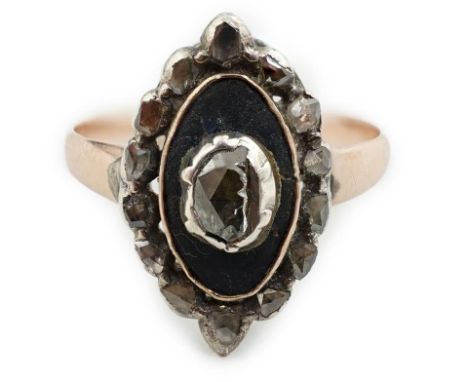 A Georgian yellow metal, enamel? and rose cut diamond cluster set navette shaped ring, size N, gross weight 2.9 grams. Condit