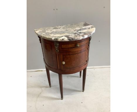 A French kingwood and burr walnut demi-lune commode with marble top, width 55cm, height 78cm. Condition - good