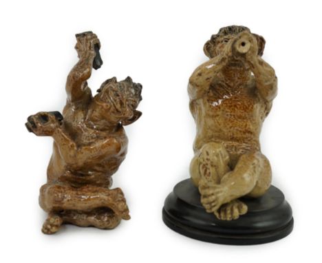 Two Martin Brothers stoneware grotesque musician imp figures, late 19th/early 20th century, the first a seated figure playing