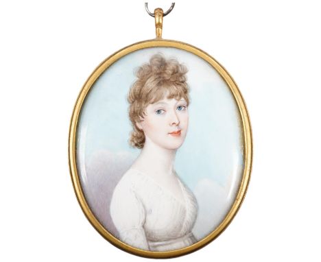 Frederick Buck (1771-1839), oil on ivory, Portrait miniature of a Regency lady, Ernest Salaman Collection inscribed label ver