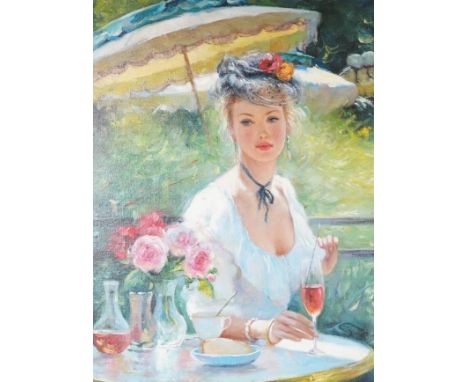 A decorative Impressionist oil on board, Study of a seated woman at a table, 48 x 38cm. Condition - good