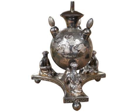 A Victorian plated cigar lamp decorated with seated Persian figures, 14cm high. Condition - fair