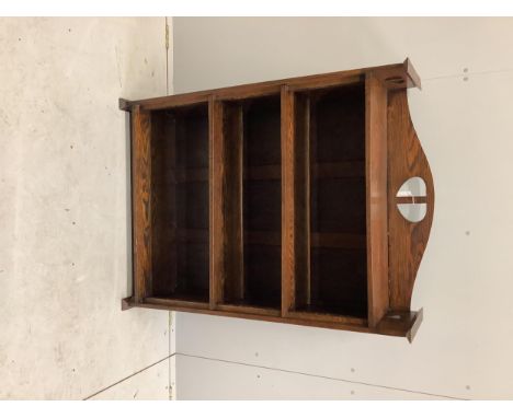 An English Arts & Crafts oak open bookcase, width 90cm, depth 32cm, height 117cm. Condition - fair Has been varnished. No rin