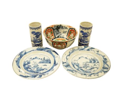 A pair of Chinese porcelain blue and white dishes, Kangxi, a pair of cylindrical vases and an Imari bowl (6). Condition - fai