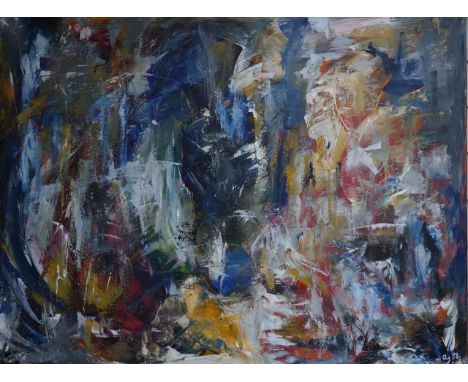 Sylvia Goebel (b.1952), German expressionist oil on canvas, Abstract composition, signed, 78 x 101cm, unframed. Condition - g