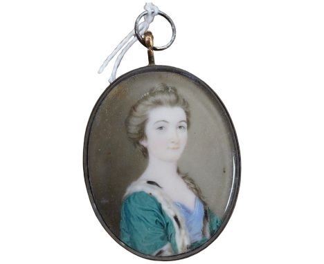 18th century School, Portrait miniature of a lady, indistinctly monogrammed and dated 1760? at 8 o'clock, 4 x 3cm. Condition 