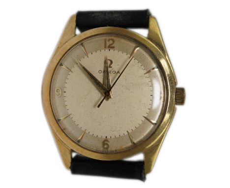 A gentleman's 1950's 9ct gold Omega manual wind wrist watch, with baton and Arabic numerals, movement c.420, case diameter 34