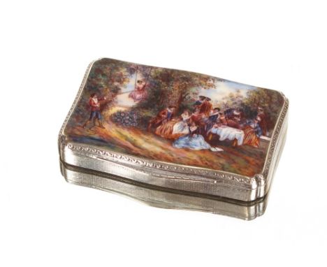 A continental silver powder box,&nbsp;the hinged lid with enamel decoration of figures in a woodland, opening to reveal silve