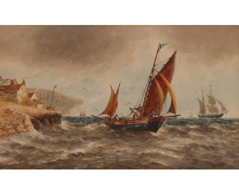 R T Wilding,&nbsp;study of fishing vessels coming in to shore, signed watercolour 30.5cm x 50cm