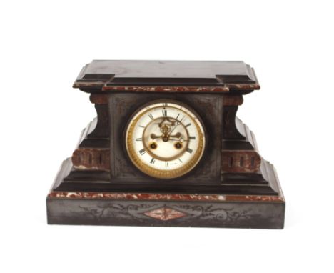 A 19th Century French marble mantel clock,&nbsp;of architectural form, the circular white enamel Roman numeral dial with visu