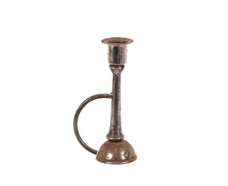 An unusual metalware chamber candlestick,&nbsp;25.5cm high