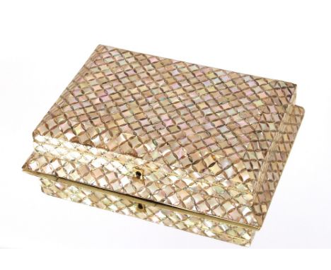 A mother of pearl playing card case,&nbsp;fitted with four compartments and plush lined interior, 24.5cm&nbsp;