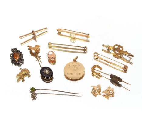 A 9ct gold bar brooch,&nbsp;with heart shaped motif; a seed pearl set bar brooch; various other brooches and stick pins; a 9c