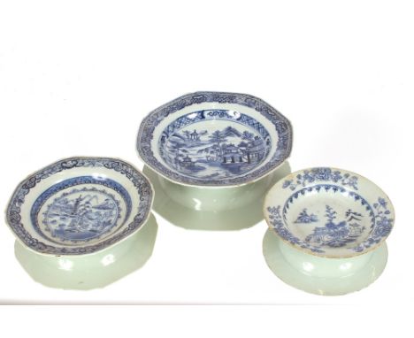 An 18th Century Chinese blue and white octagonal dish,&nbsp;decorated in the pagoda pattern; a smaller example; and an 18th C