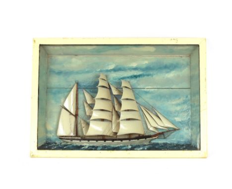 A ship diorama model, in white painted glazed case, 66cm x 45cm overall
