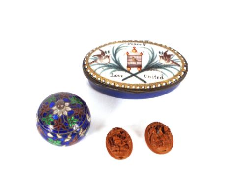 An 18th Century enamel patch box, the lid inscribed "Peace and Love United" with mirrored interior; two miniature relief carv