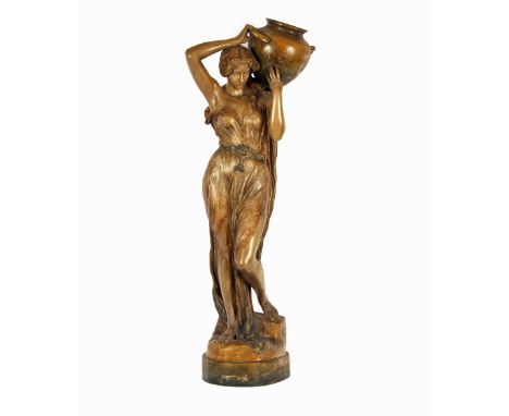 A large Goldscheider pottery figure,&nbsp;of a maiden carrying a water pitcher, signed Chere with Goldscheider stamp, 114cm h