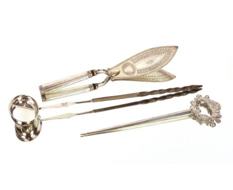 A Georgian&nbsp;toddy ladle,&nbsp;with whalebone twist handle (unmarked); a white metal fish slice AF; and a plated meat skew