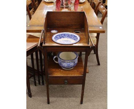 A 19th Century mahogany tray top two tier washstand,&nbsp;fitted single drawer below and flanked by towel rails, complete wit