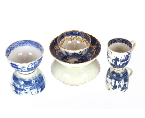 A late 18th Century Caughley blue and white cup,&nbsp;a Chinese tea bowl and saucer with scenic pagoda decoration, heightened