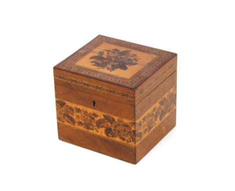 A Victorian rosewood  satin wood and Tunbridge ware inlaid tea caddy, 13.5cm wide x 12cm high