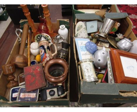 2 boxes of mixed collectables including a Bronze vase, pewter mug, spirit lamp, treen, brass, prints etc