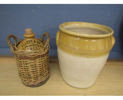 Bristol salt glazed vase/planter and a Plymouth bottle housed in wicker basket 