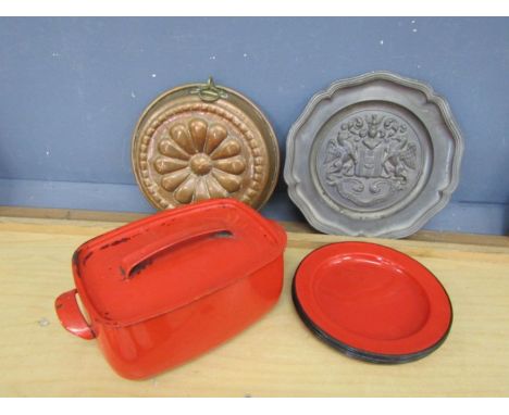 Vintage Yugoslavian enamel, copper cake mould and pewter plate etc 