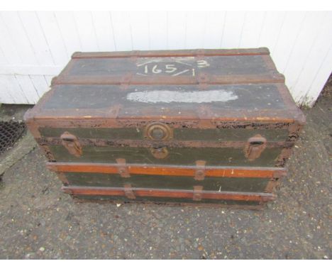 Vintage wooden trunk with metal banding 