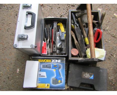Group of tools including Workzone drill and a power saw.