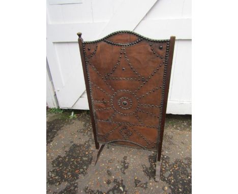 Arts and Craft style fire screen with studded leather front 