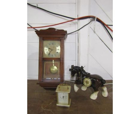 Wall clock, ceramic shire horse clock and carriage clock 