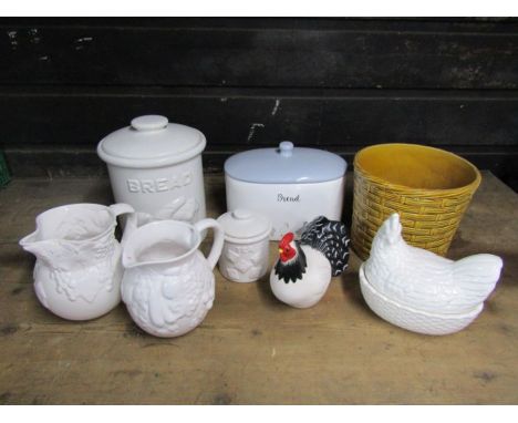 2 ceramic bread bins, egg crock and jugs etc