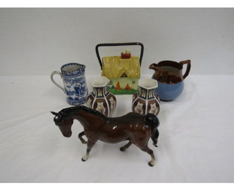 Beswick horse, Carltonware cottage, pair Chinese vases and 18thC jug a/f