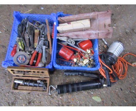 2 Boxes of mixed tools, brass knobs and oil cans etc 