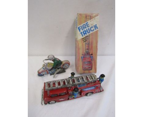 Vintage boxed tin plate fire engine and motorbike 