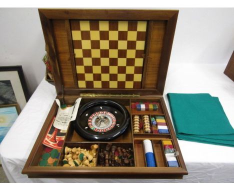 A quality mid century inlaid wooden games box to inc roulette, chess etc together with a box of party games and novelty toys