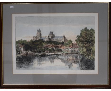 After V S Hine. Ely Cathedral from the Ouse River, coloured print, 40cm x 57cm