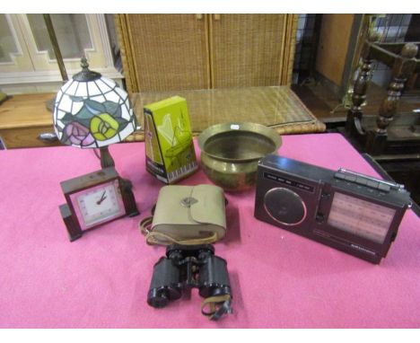 Tiffany style table lamp, vintage Grundig radio, mantel clock and binoculars etc 