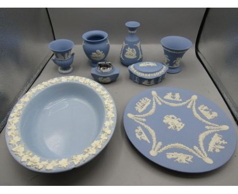 Wedgwood Jasperware table lighter, vases, trinket pot and a glazed dish