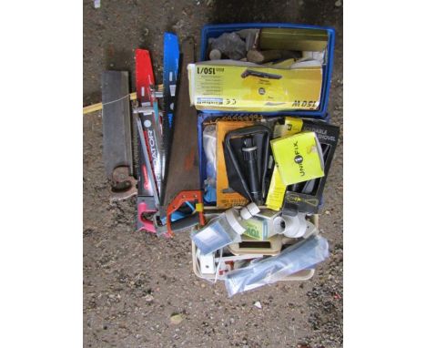 Group of tools including, Einhall sander, fittings, two snow shovels, box of plug sockets and group of saws