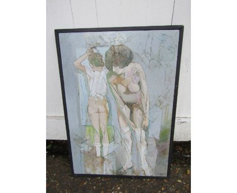 Acrylic on board of 2 women dressing signed R Jenkins 1999 46cm x 64cm approx 