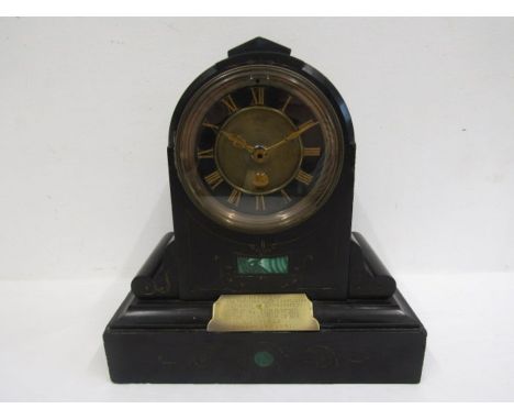 A 19thC black slate clock signed C Rake Paris with green marble inlay and brass plaque to PC Brwon 1891. battery operated