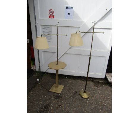 Adjustable brass floor lamp and matching side table lamp with shades 