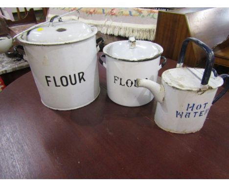 2 enamel flour bins and hot water can