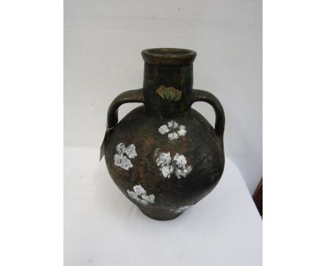 A large vintage painted pottery urn with lid converting it to a lamp