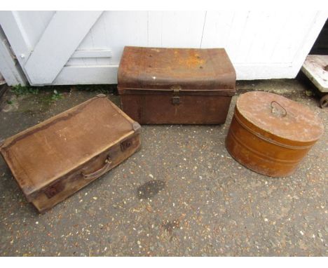 Vintage hat tin with bowler hat, vintage tin trunk and vintage suitcase